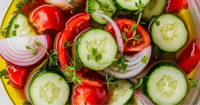 Marinated cucumbers, onions and tomatoes