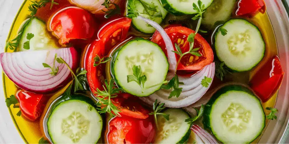 Marinated cucumbers, onions and tomatoes